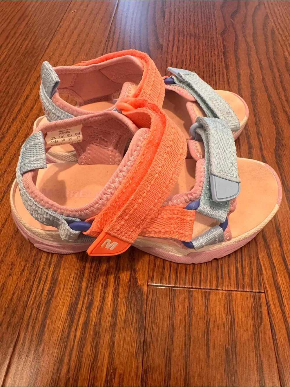 Merrell Coral and Light Blue Kids Hook-and-Loop Sandals